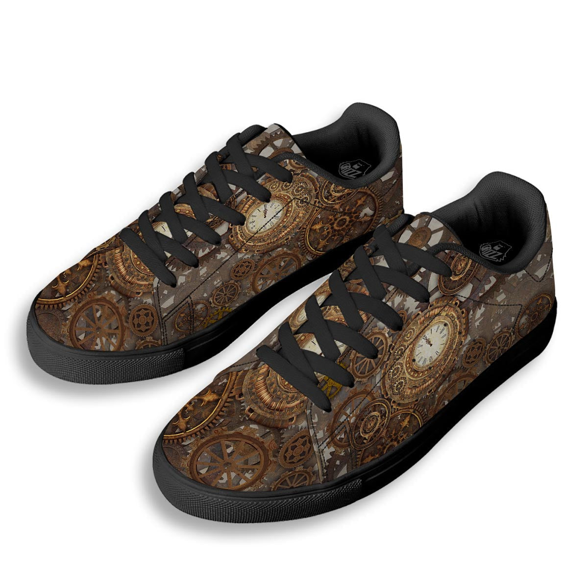Steampunk Gears Clock Print Black Low Top Sneakers-grizzshop