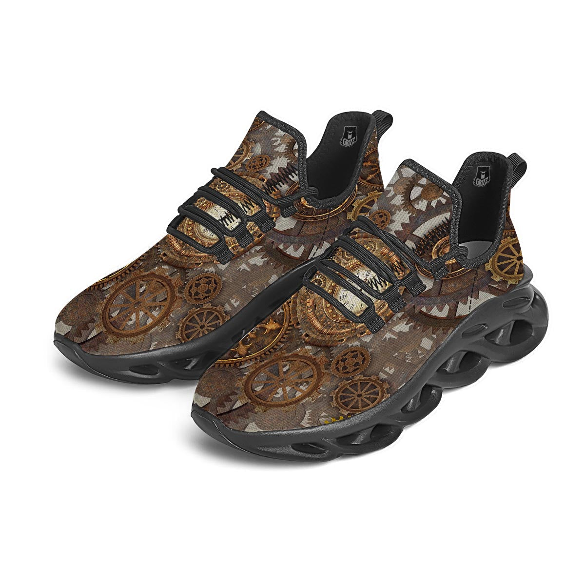 Steampunk Gears Clock Print Black Running Shoes-grizzshop