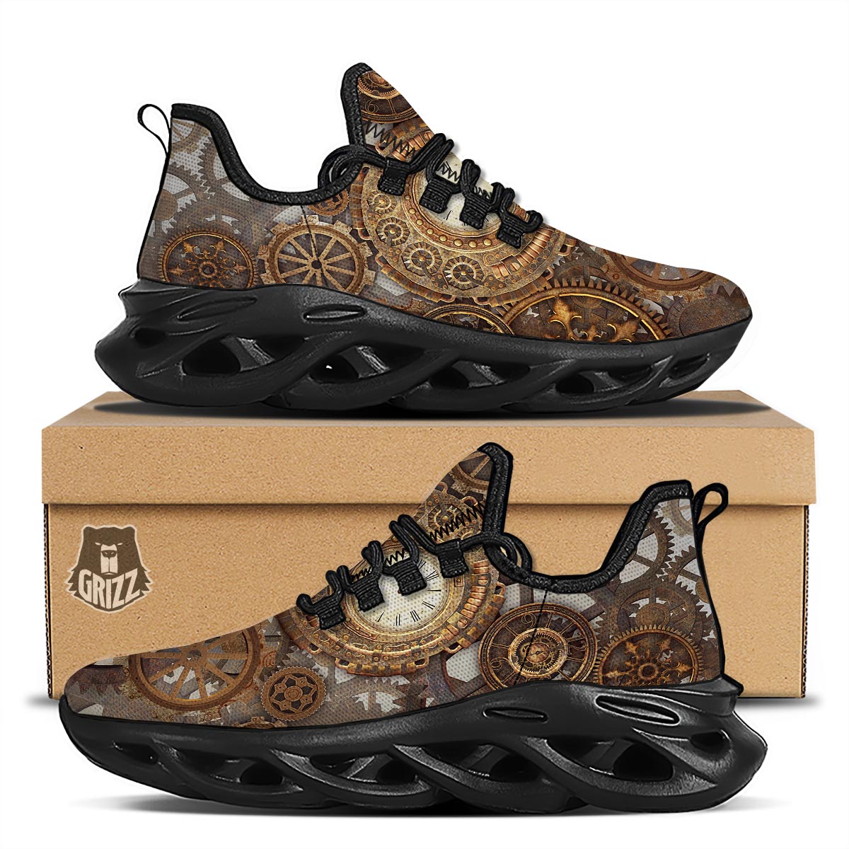 Steampunk Gears Clock Print Black Running Shoes-grizzshop