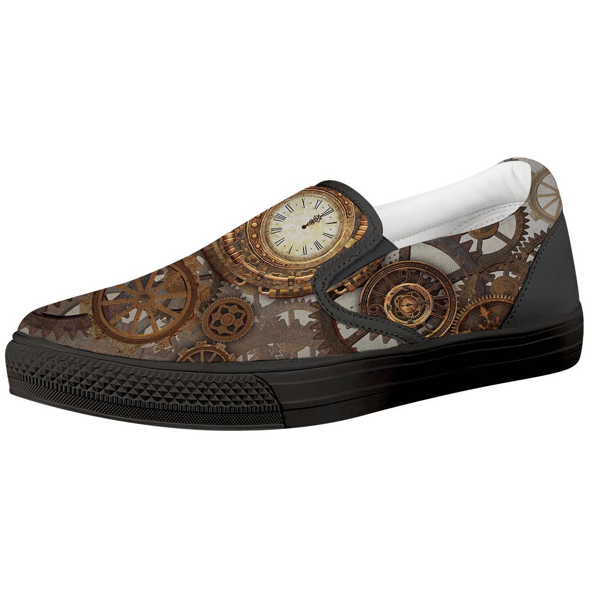 Steampunk Gears Clock Print Black Slip On Shoes-grizzshop