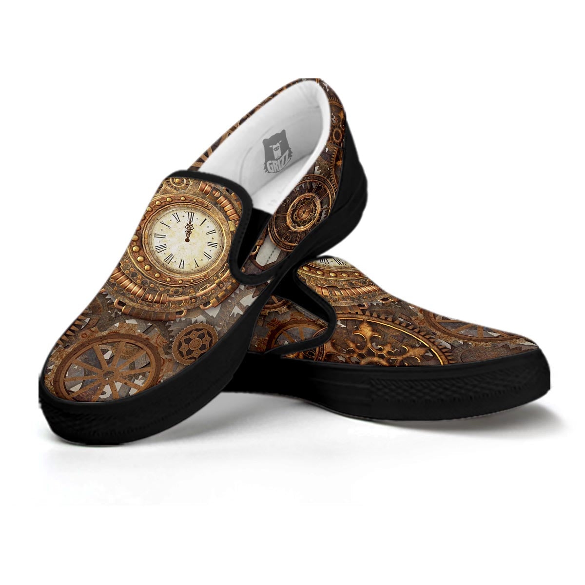 Steampunk Gears Clock Print Black Slip On Shoes-grizzshop