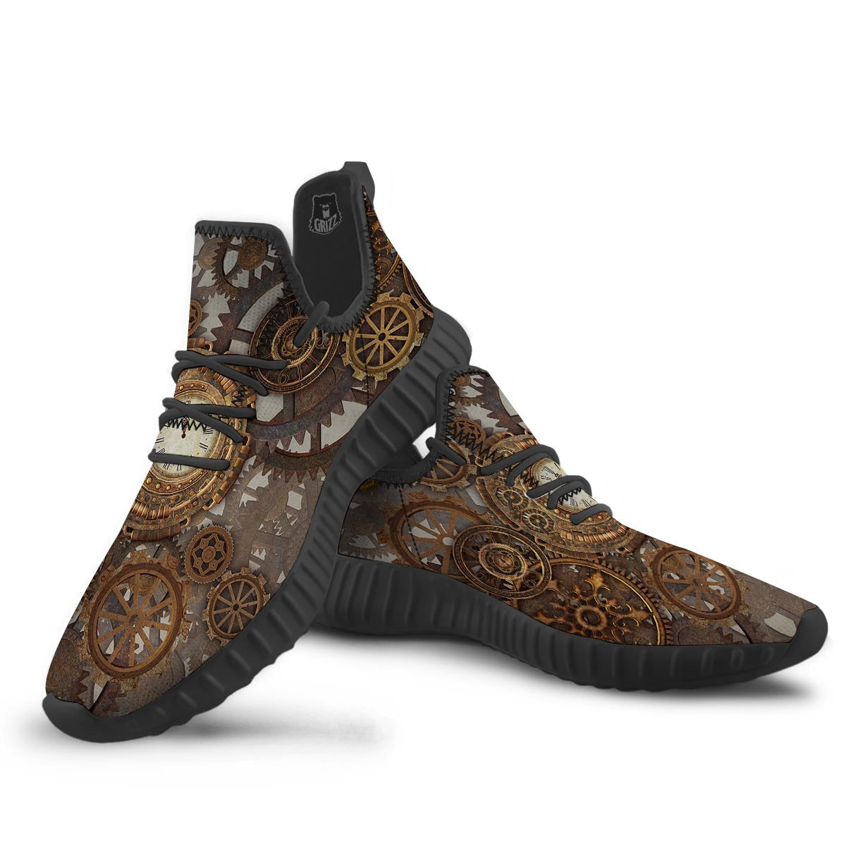 Steampunk Gears Clock Print Black Walking Shoes-grizzshop