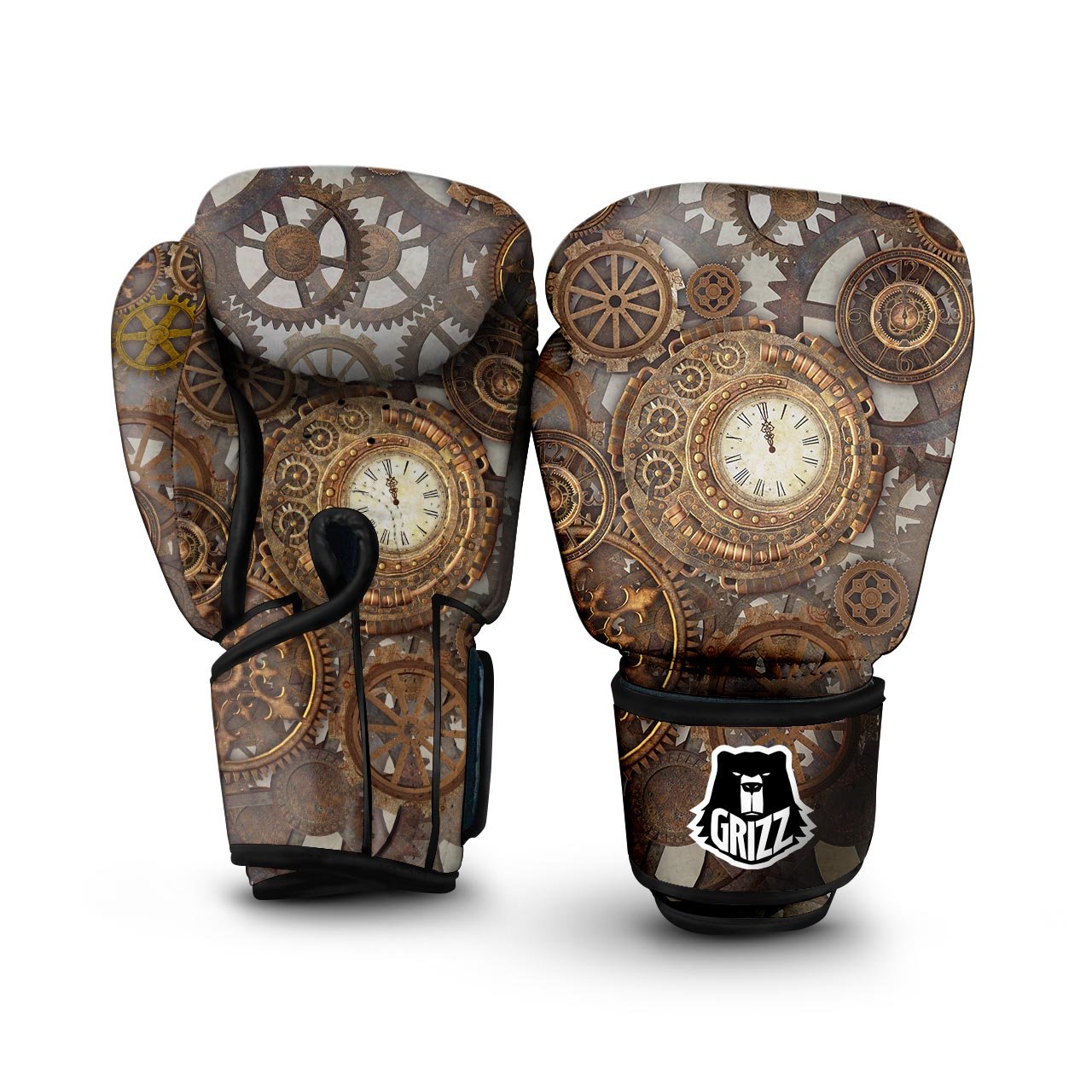 Steampunk Gears Clock Print Boxing Gloves-grizzshop