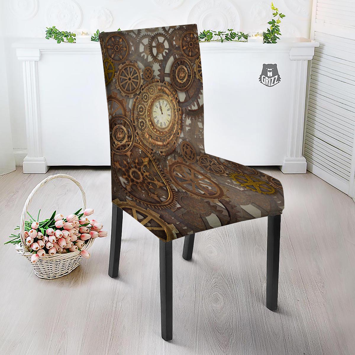 Steampunk Gears Clock Print Dining Chair Slipcover-grizzshop