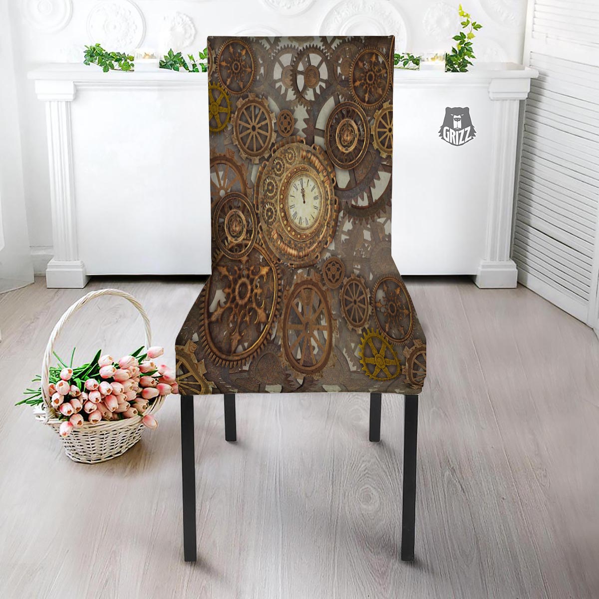 Steampunk Gears Clock Print Dining Chair Slipcover-grizzshop