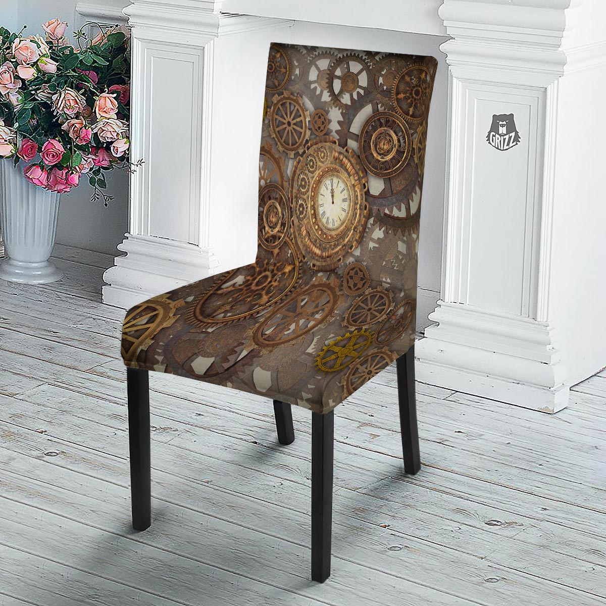Steampunk Gears Clock Print Dining Chair Slipcover-grizzshop