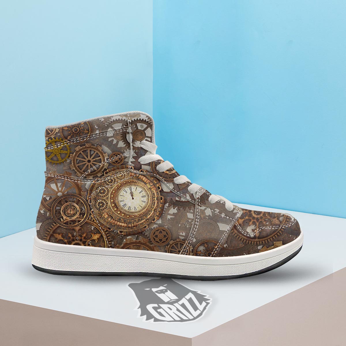 Steampunk Gears Clock Print High Top Sneakers-grizzshop