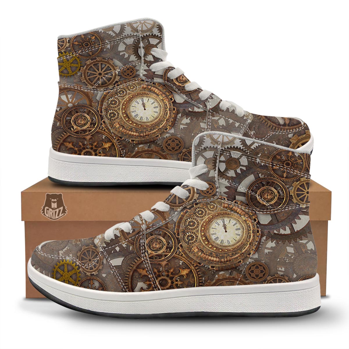 Steampunk Gears Clock Print High Top Sneakers-grizzshop