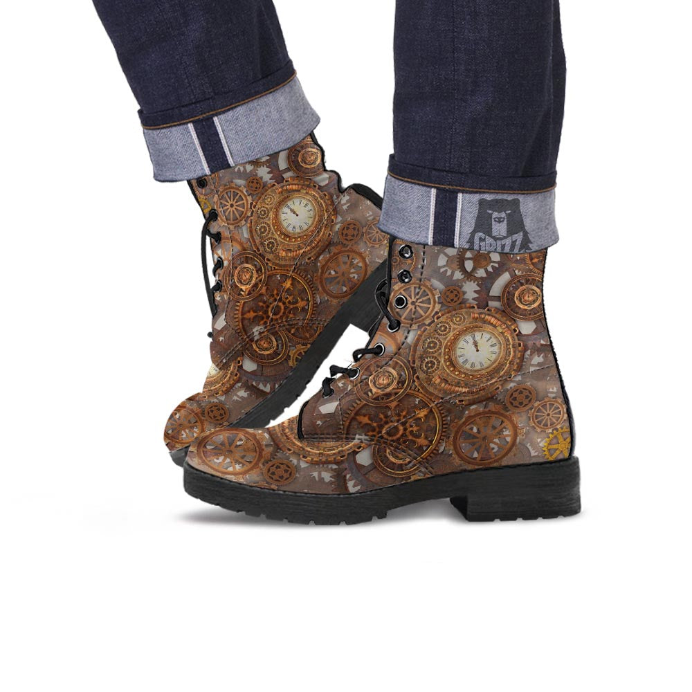 Steampunk Gears Clock Print Leather Boots-grizzshop