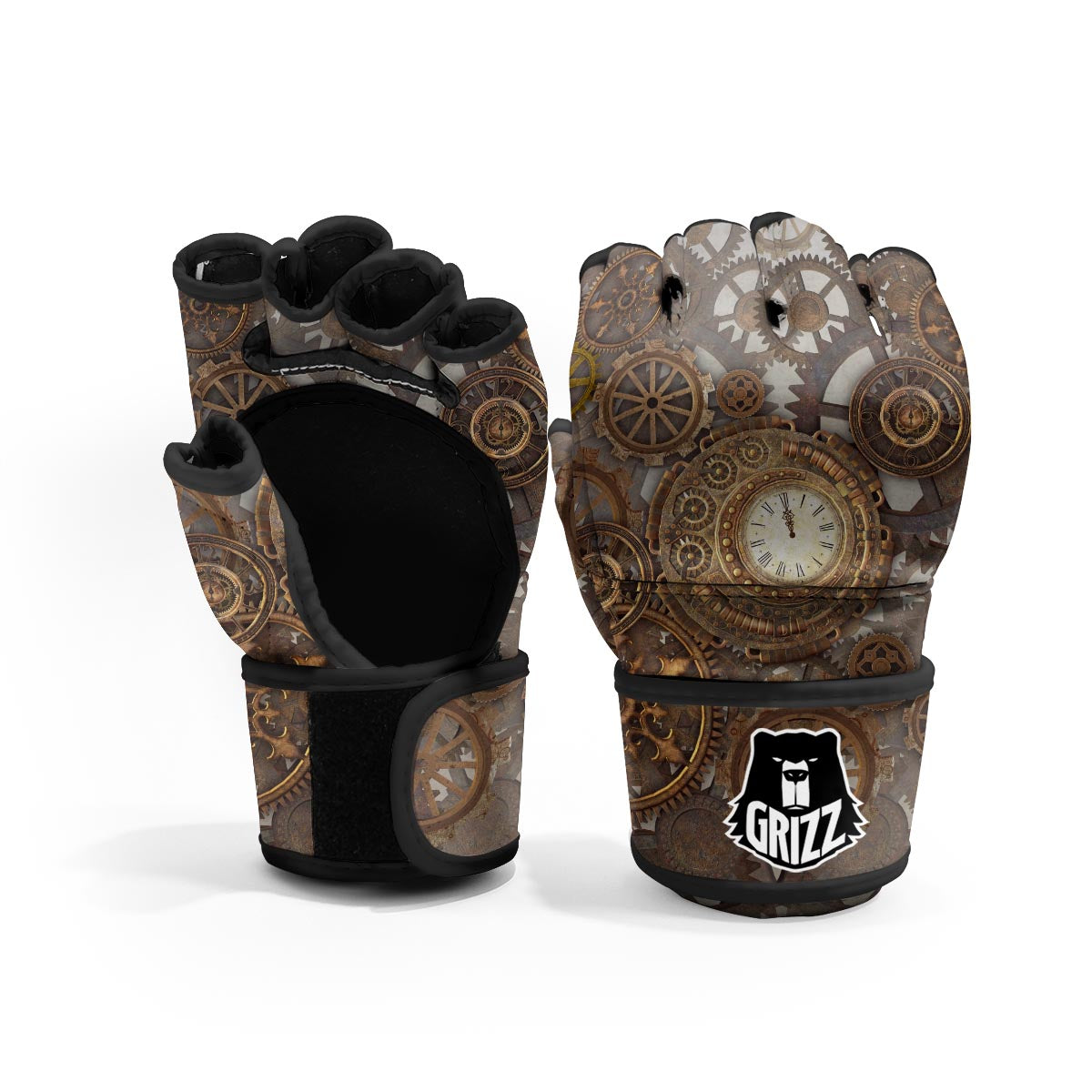 Steampunk Gears Clock Print MMA Gloves-grizzshop