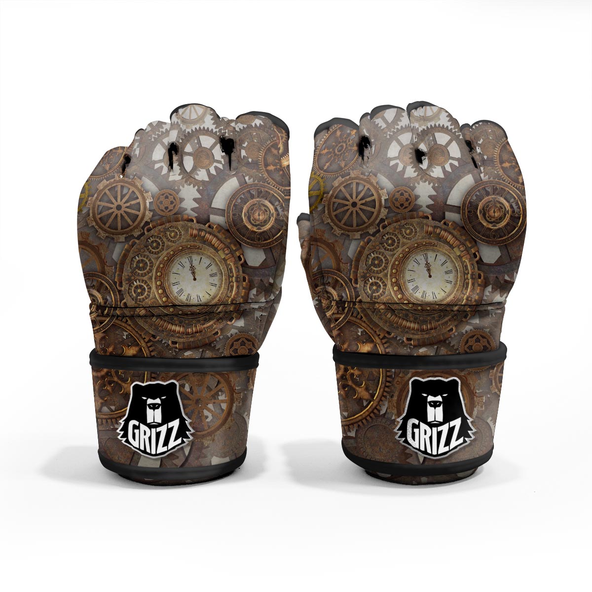 Steampunk Gears Clock Print MMA Gloves-grizzshop