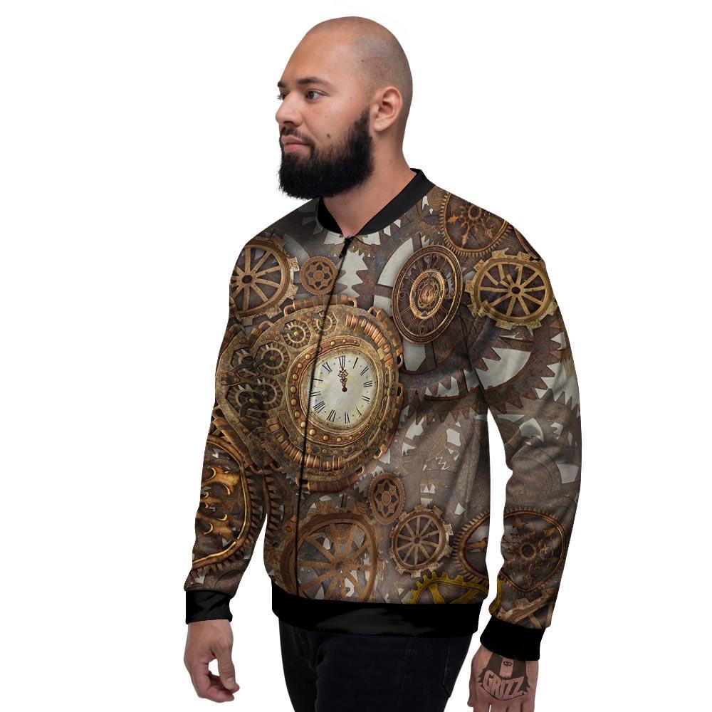 Steampunk Gears Clock Print Men's Bomber Jacket-grizzshop