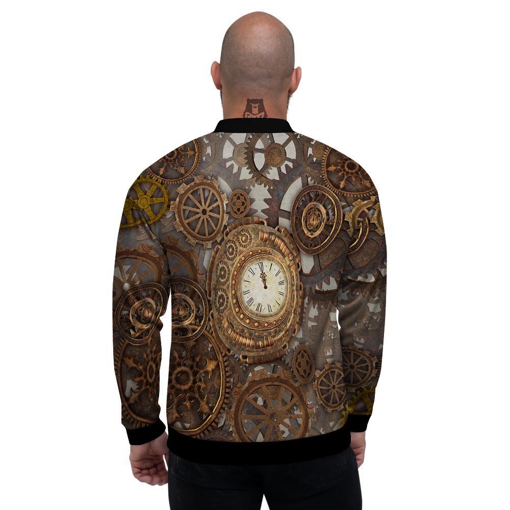 Steampunk Gears Clock Print Men's Bomber Jacket-grizzshop