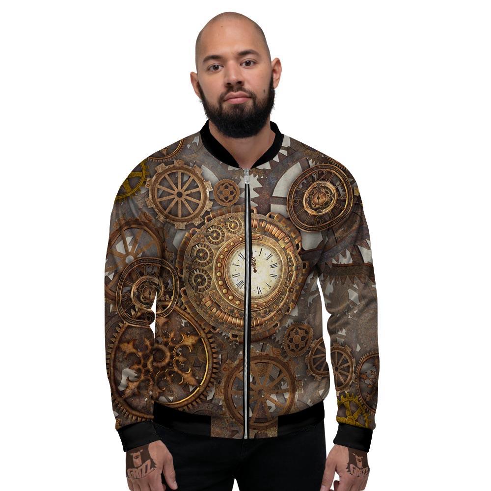 Steampunk Gears Clock Print Men's Bomber Jacket-grizzshop