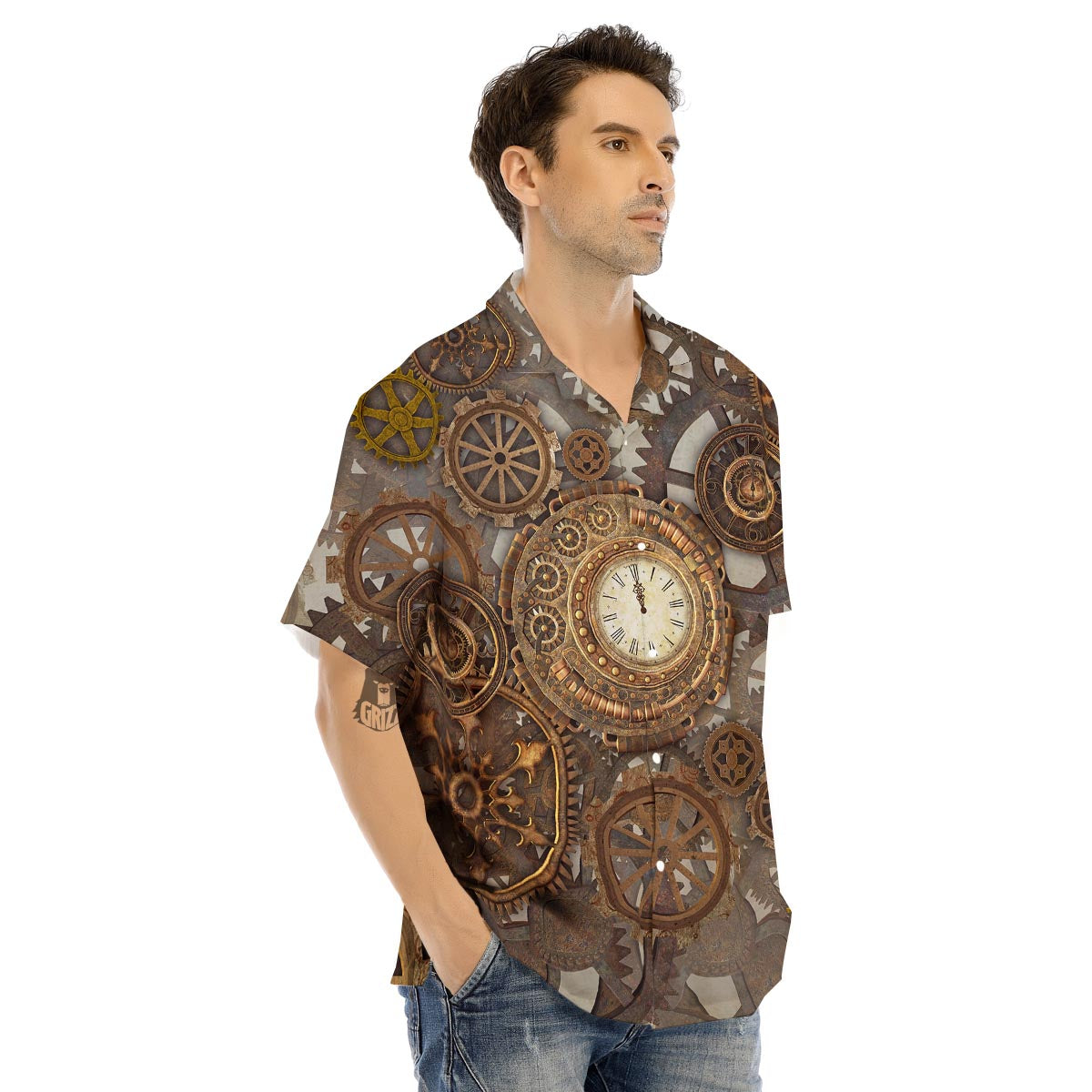 Steampunk Gears Clock Print Men's Hawaiian Shirt-grizzshop