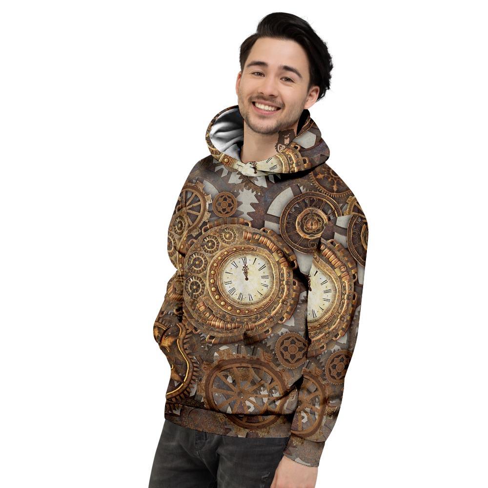 Steampunk Gears Clock Print Men's Hoodie-grizzshop