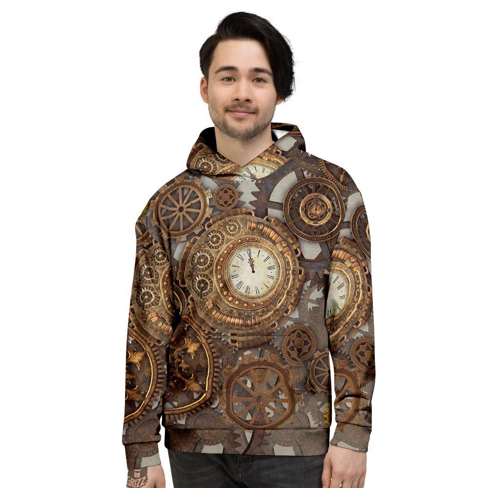 Steampunk Gears Clock Print Men's Hoodie-grizzshop