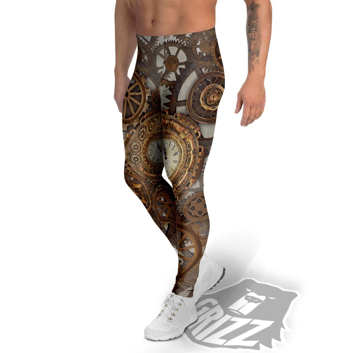 Steampunk Gears Clock Print Men's Leggings-grizzshop