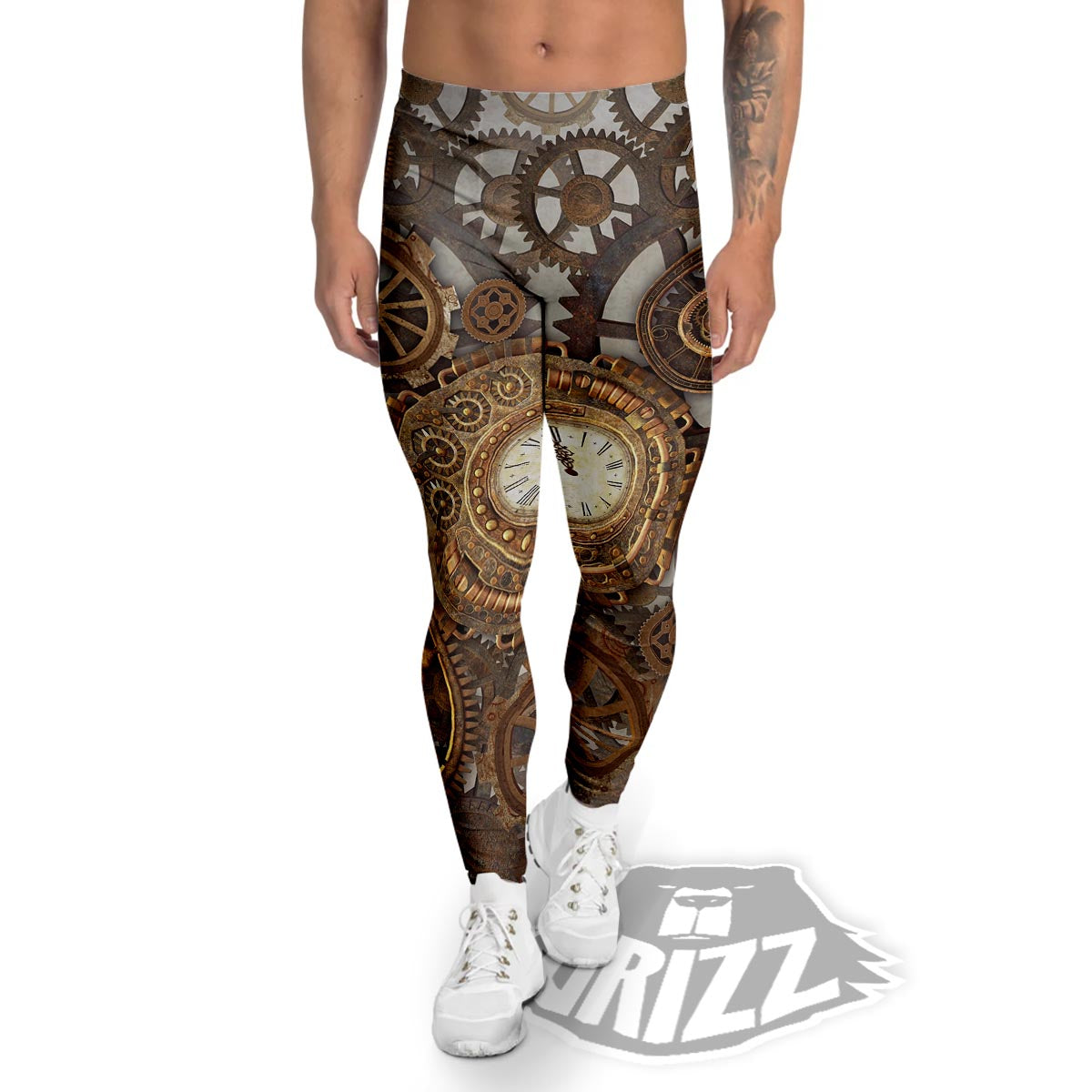 Steampunk Gears Clock Print Men's Leggings-grizzshop
