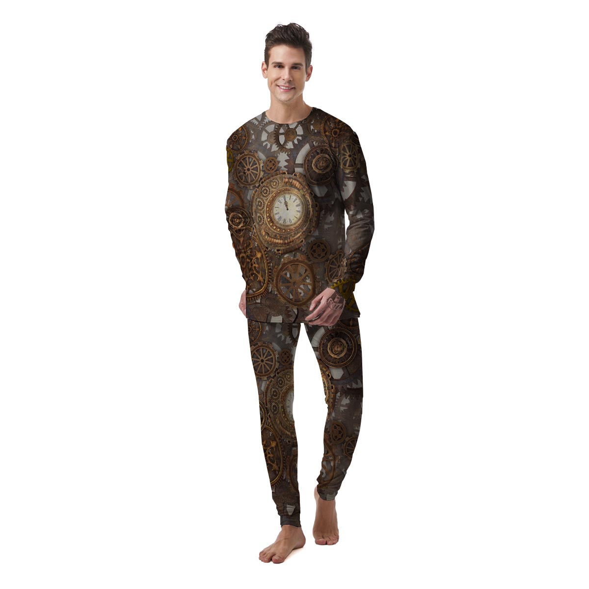 Steampunk Gears Clock Print Men's Pajamas-grizzshop