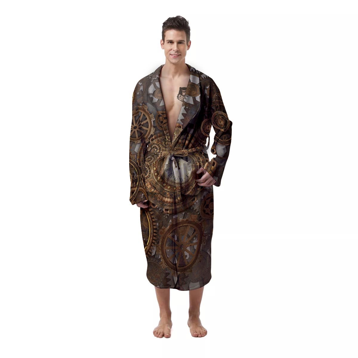 Steampunk Gears Clock Print Men's Robe-grizzshop
