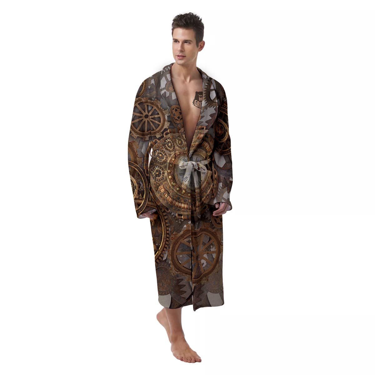 Steampunk Gears Clock Print Men's Robe-grizzshop