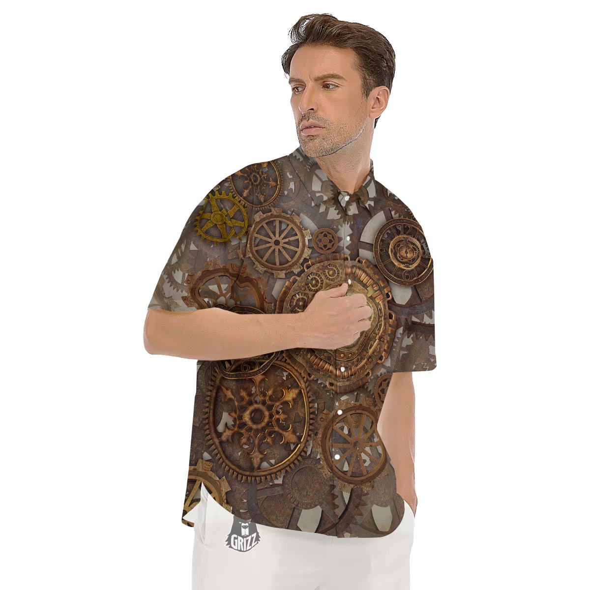 Steampunk Gears Clock Print Men's Short Sleeve Shirts-grizzshop