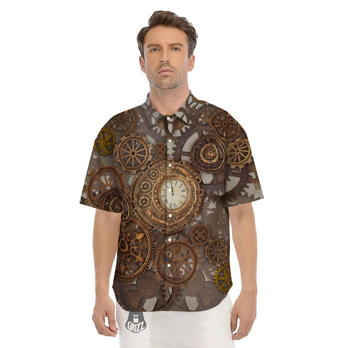 Steampunk Gears Clock Print Men's Short Sleeve Shirts-grizzshop