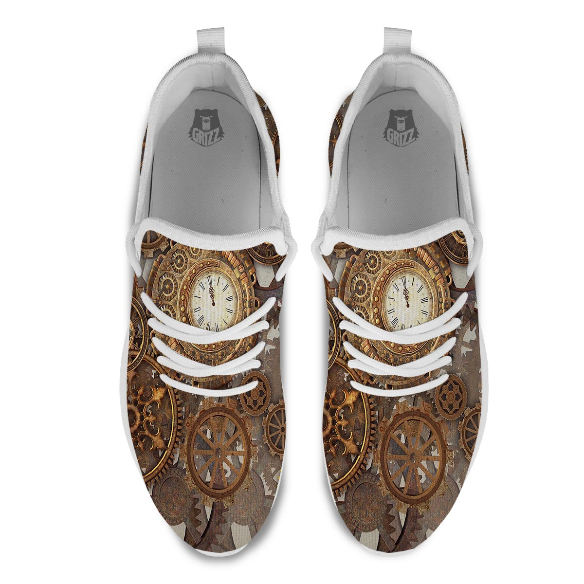 Steampunk Gears Clock Print White Athletic Shoes-grizzshop