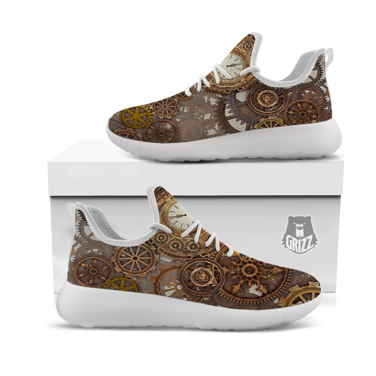 Steampunk Gears Clock Print White Athletic Shoes-grizzshop