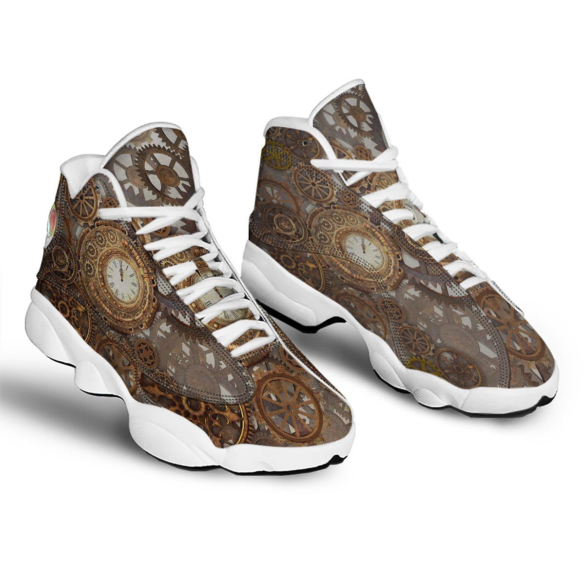 Steampunk Gears Clock Print White Basketball Shoes-grizzshop