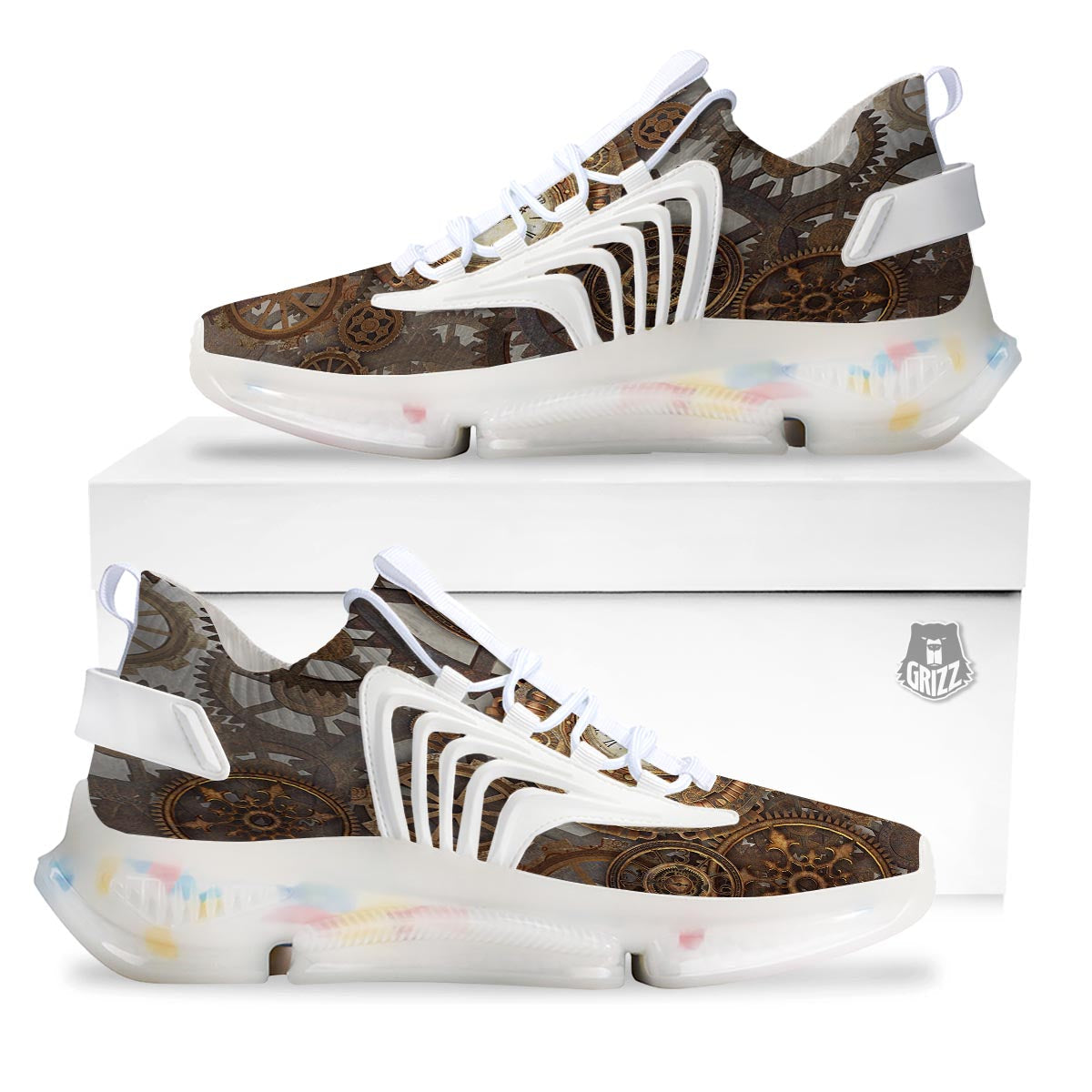 Steampunk Gears Clock Print White Gym Shoes-grizzshop