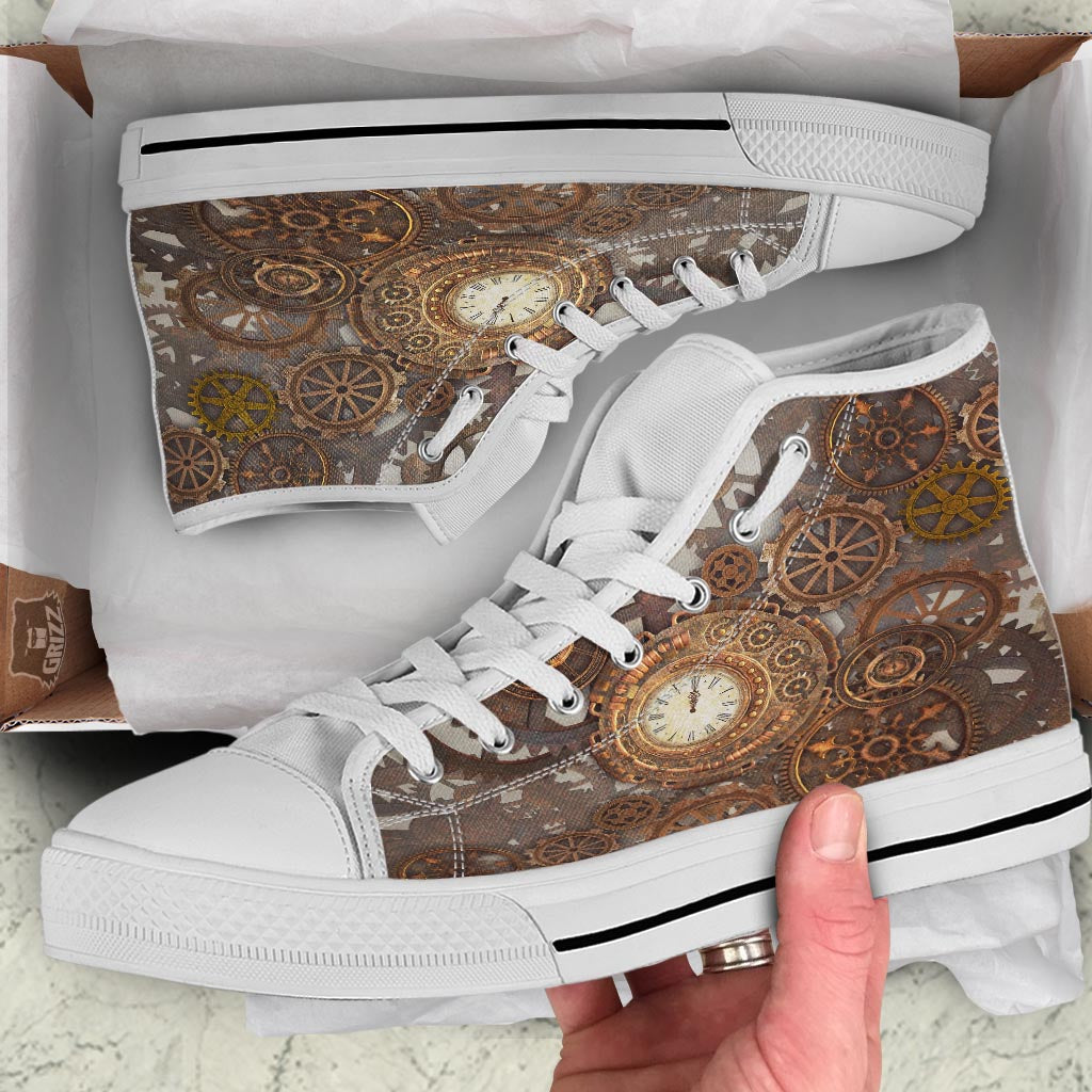 Steampunk Gears Clock Print White High Top Shoes-grizzshop