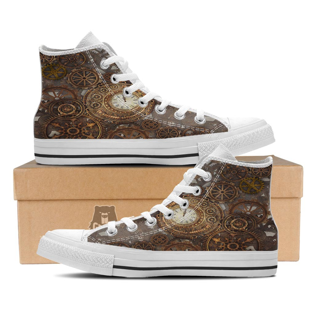 Steampunk Gears Clock Print White High Top Shoes-grizzshop