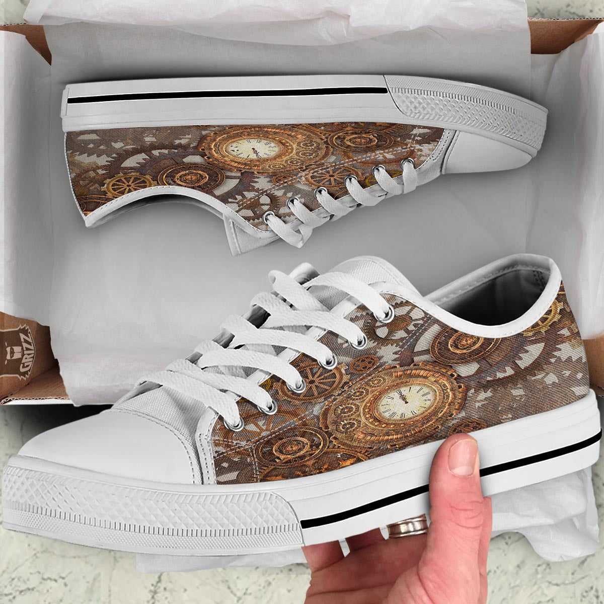 Steampunk Gears Clock Print White Low Top Shoes-grizzshop