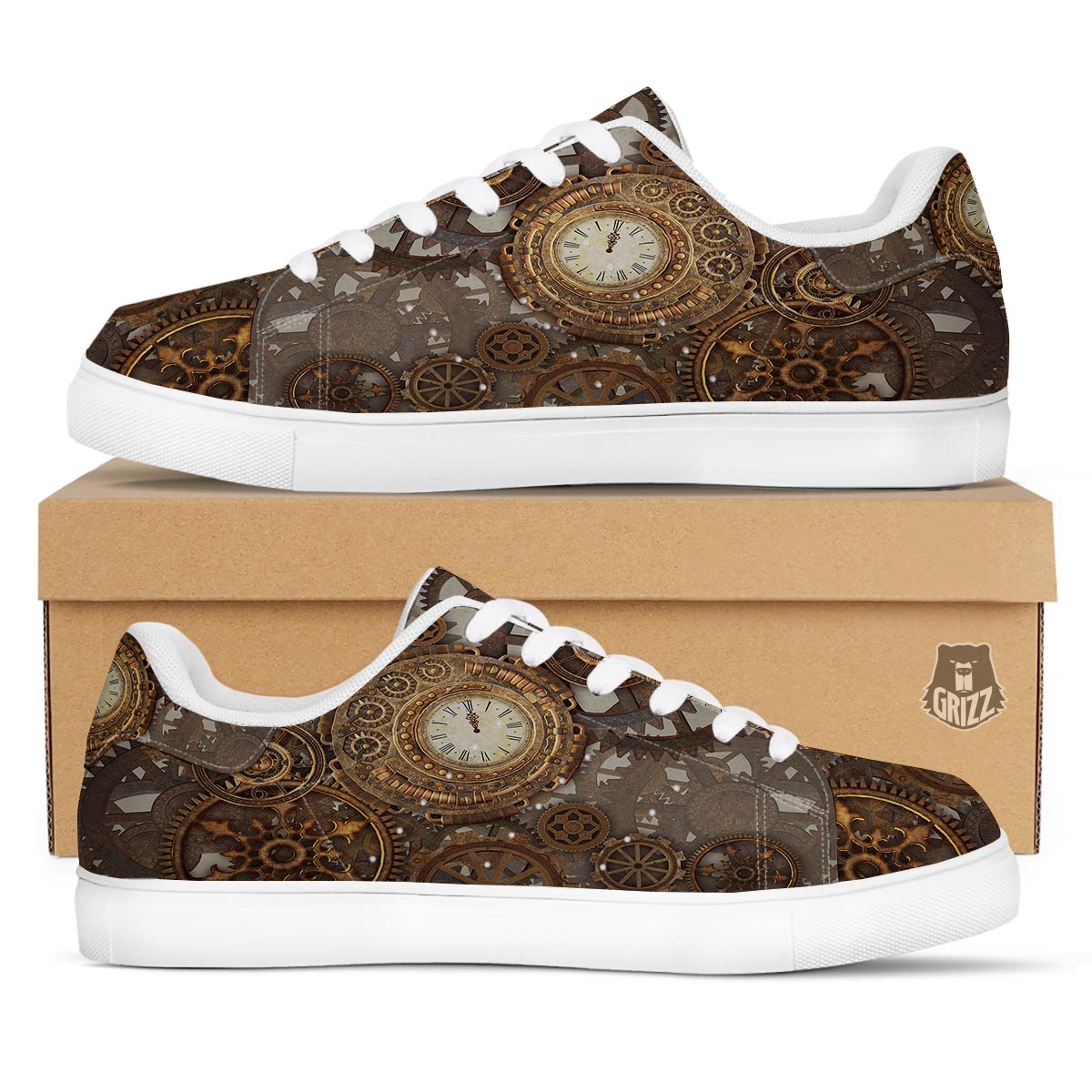 Steampunk Gears Clock Print White Low Top Sneakers-grizzshop