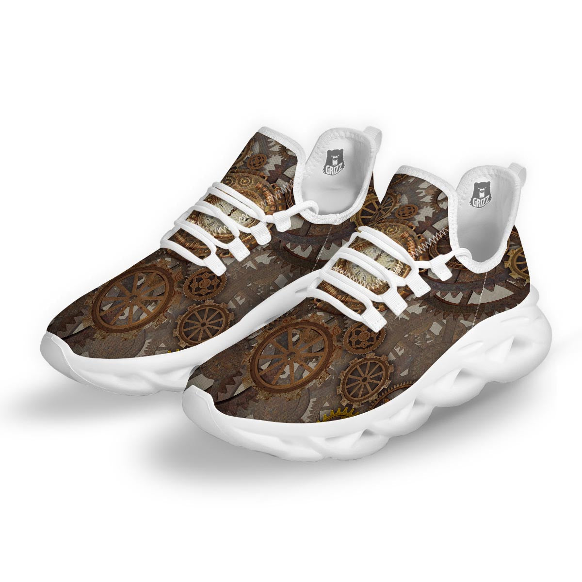 Steampunk Gears Clock Print White Running Shoes-grizzshop