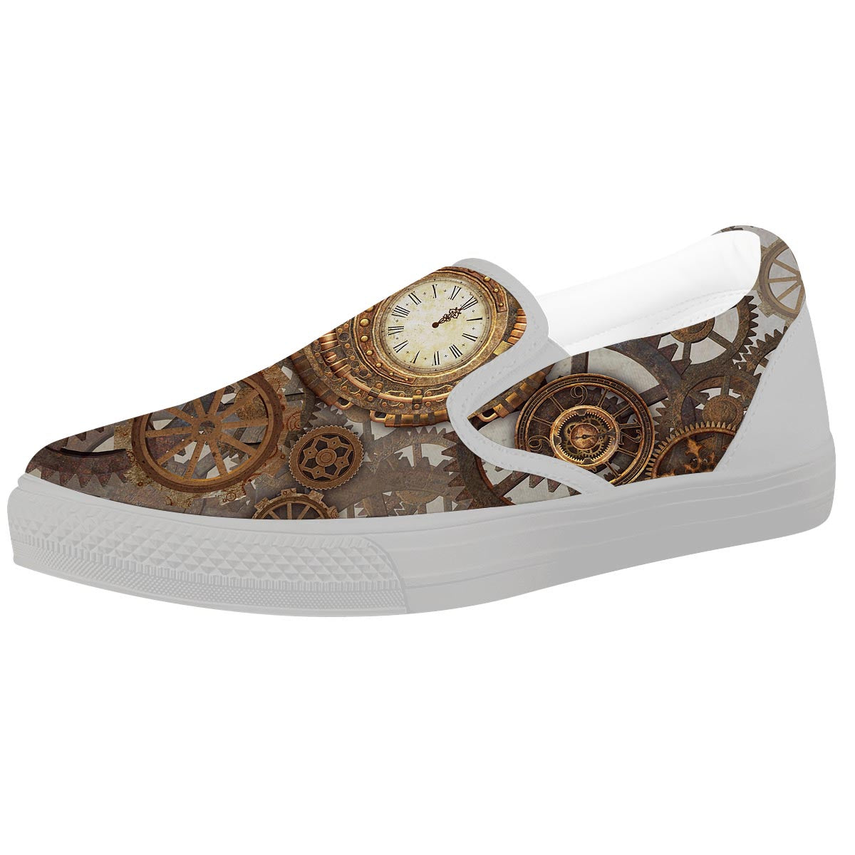 Steampunk Gears Clock Print White Slip On Shoes-grizzshop