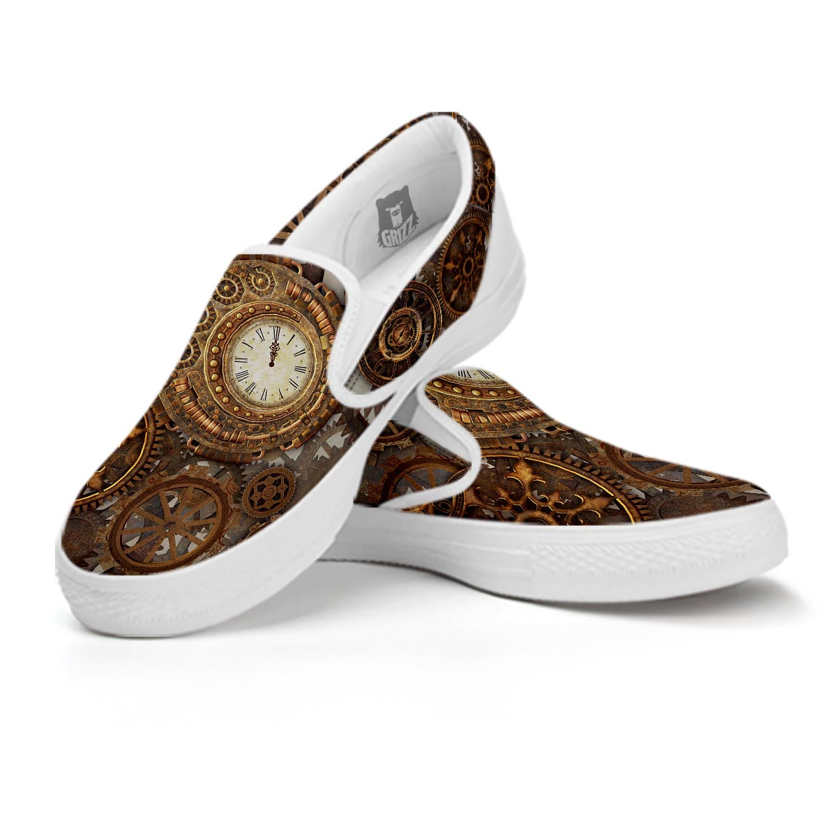 Steampunk Gears Clock Print White Slip On Shoes-grizzshop