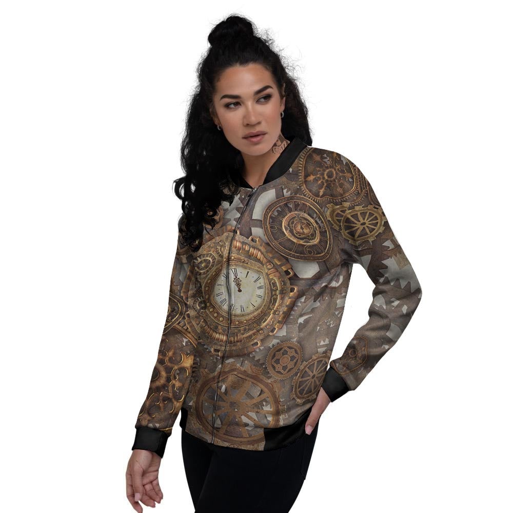 Steampunk Gears Clock Print Women's Bomber Jacket-grizzshop