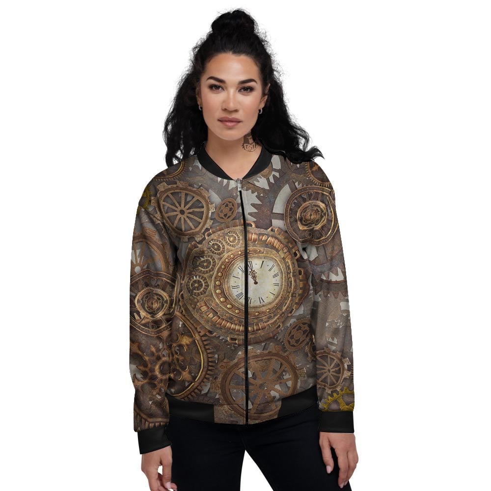 Steampunk Gears Clock Print Women's Bomber Jacket-grizzshop