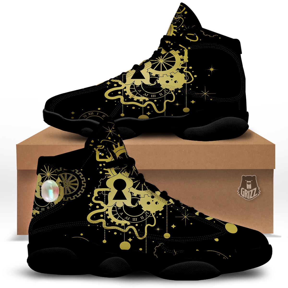 Steampunk Gears Metal Print Black Basketball Shoes-grizzshop