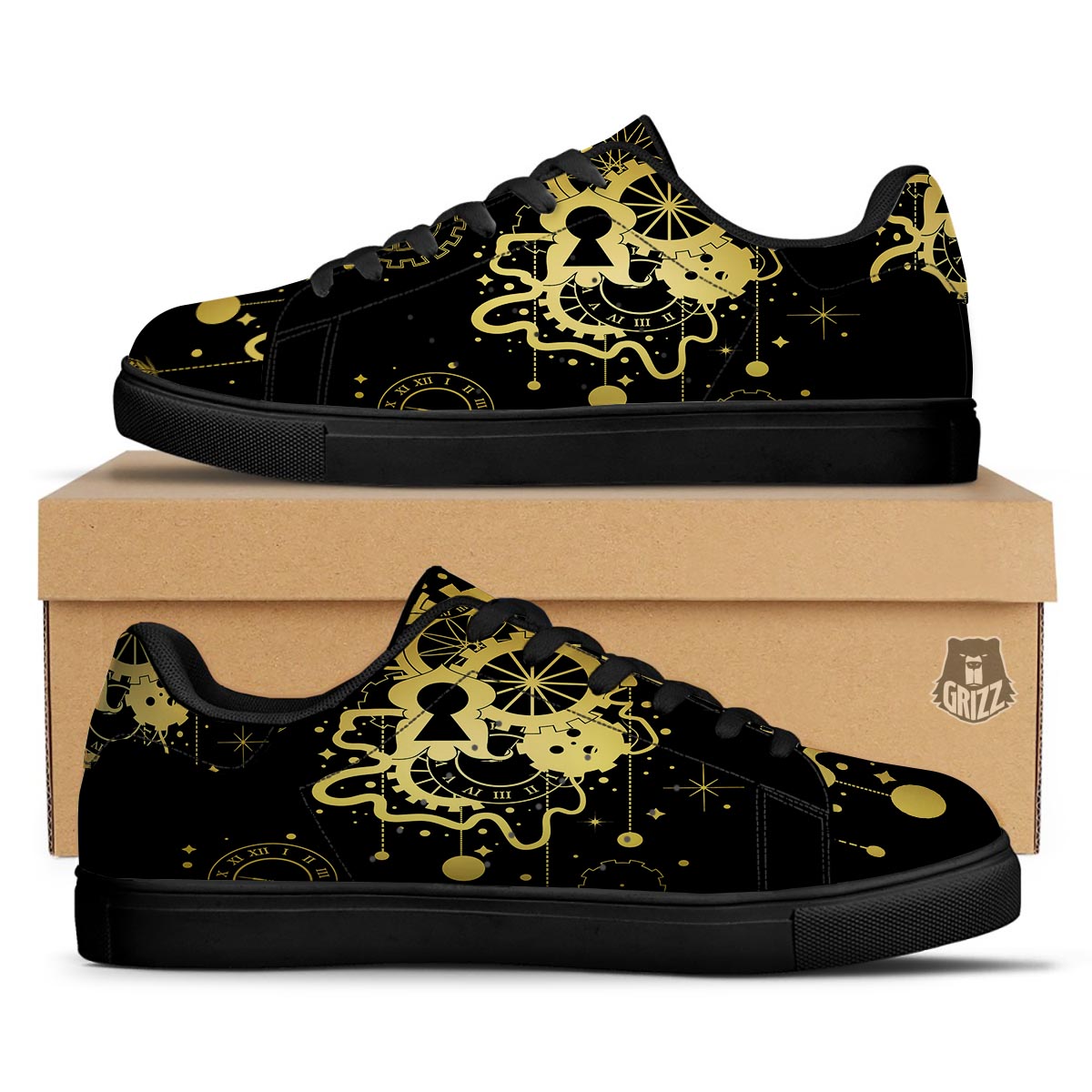 Steampunk Gears Metal Print Black Low Top Sneakers-grizzshop