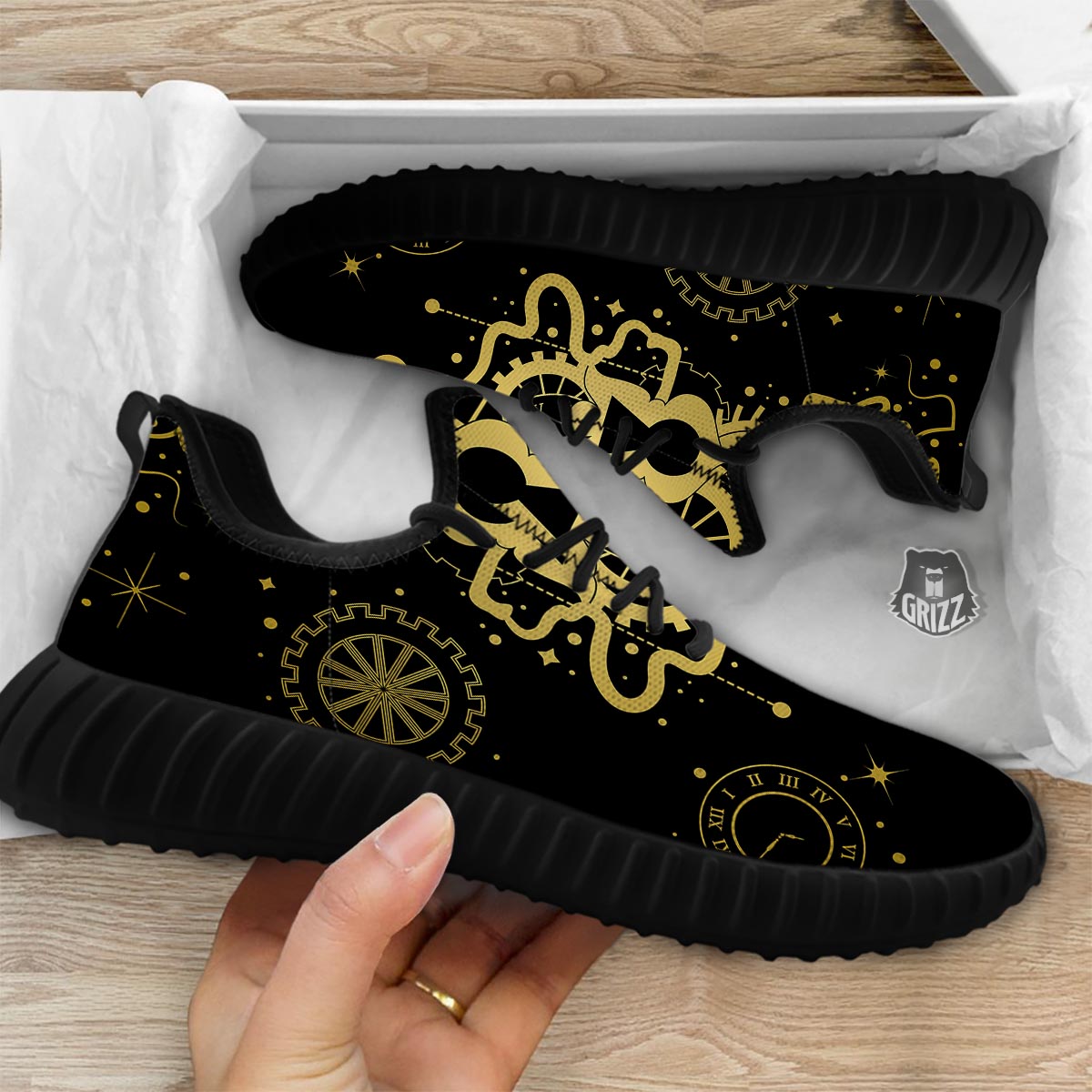 Steampunk Gears Metal Print Black Walking Shoes-grizzshop