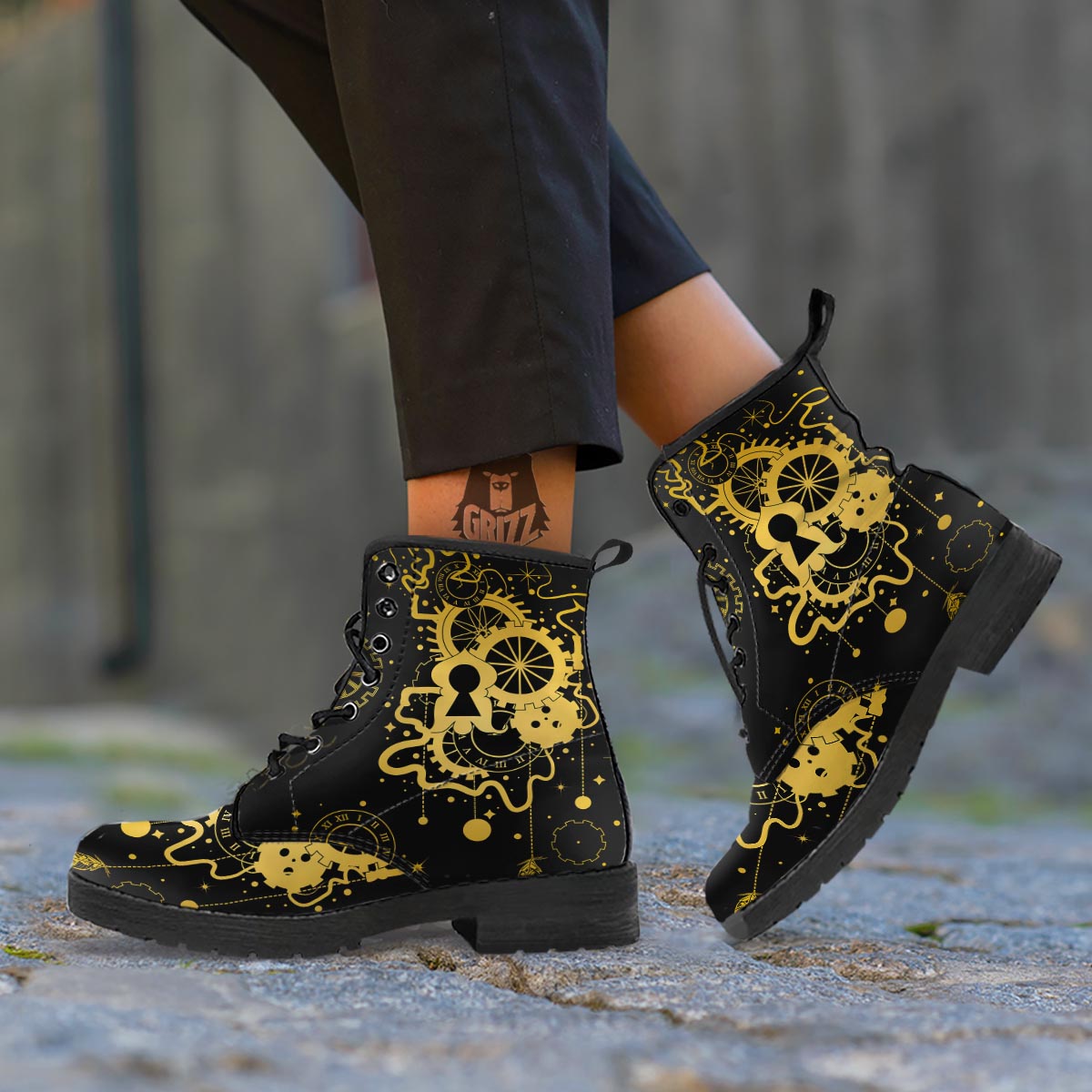 Steampunk Gears Metal Print Leather Boots-grizzshop