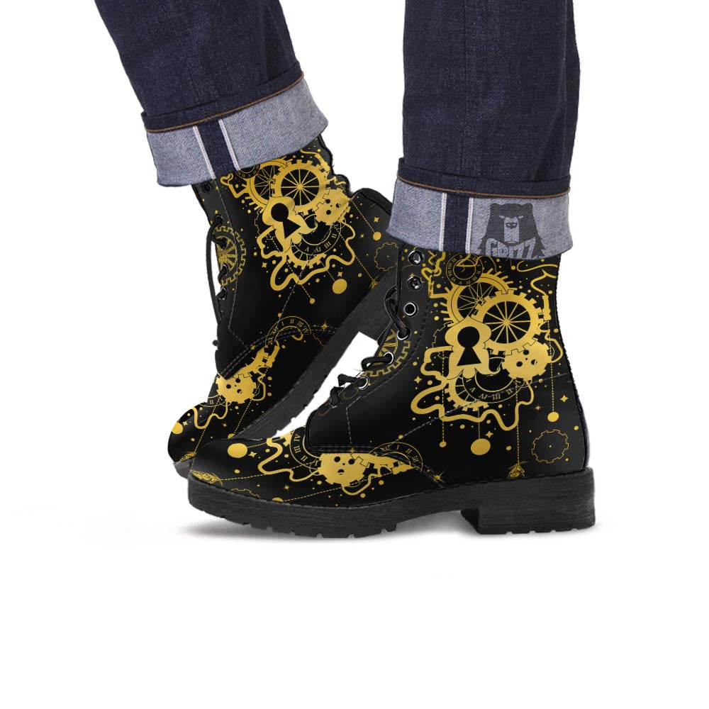 Steampunk Gears Metal Print Leather Boots-grizzshop