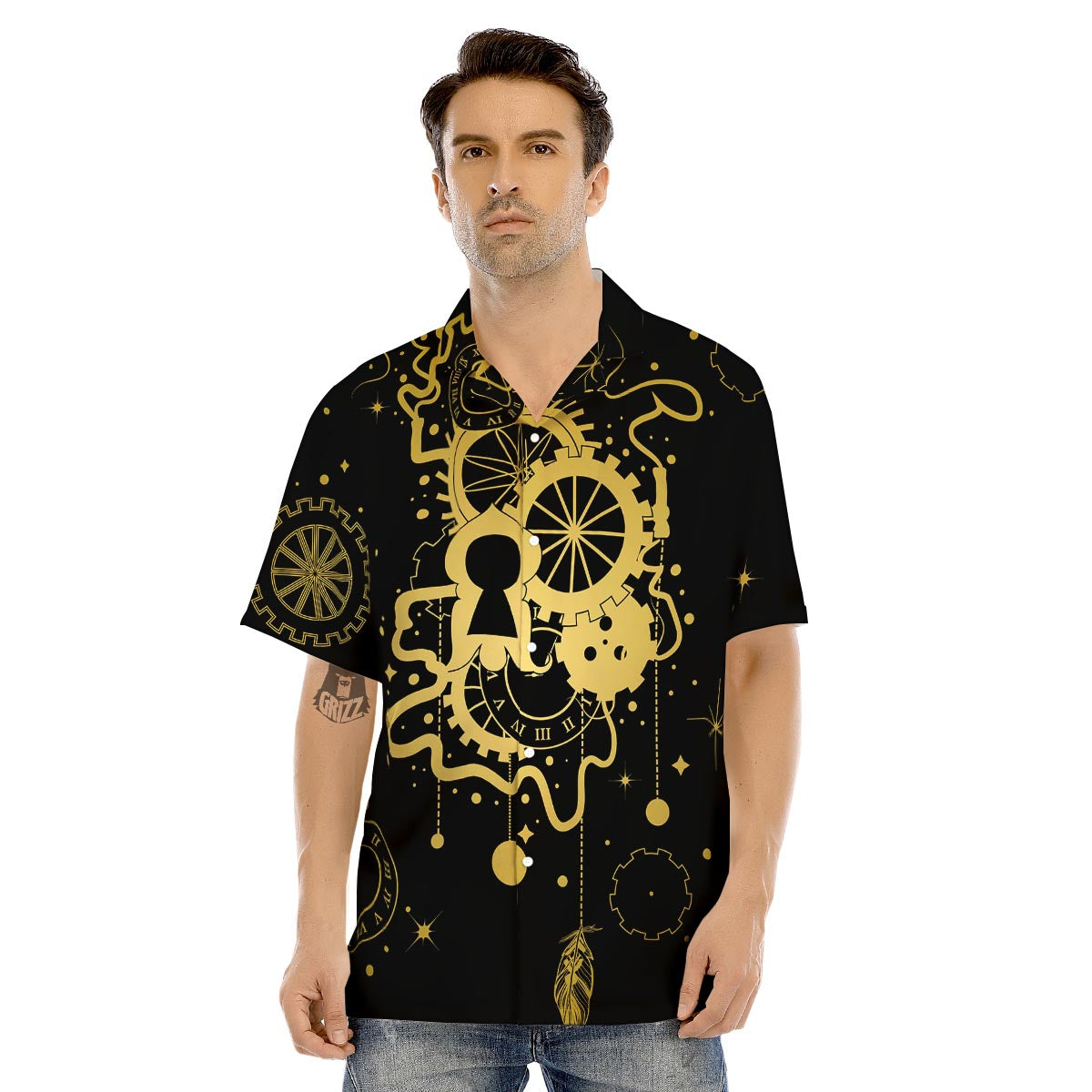 Steampunk Gears Metal Print Men's Hawaiian Shirt-grizzshop