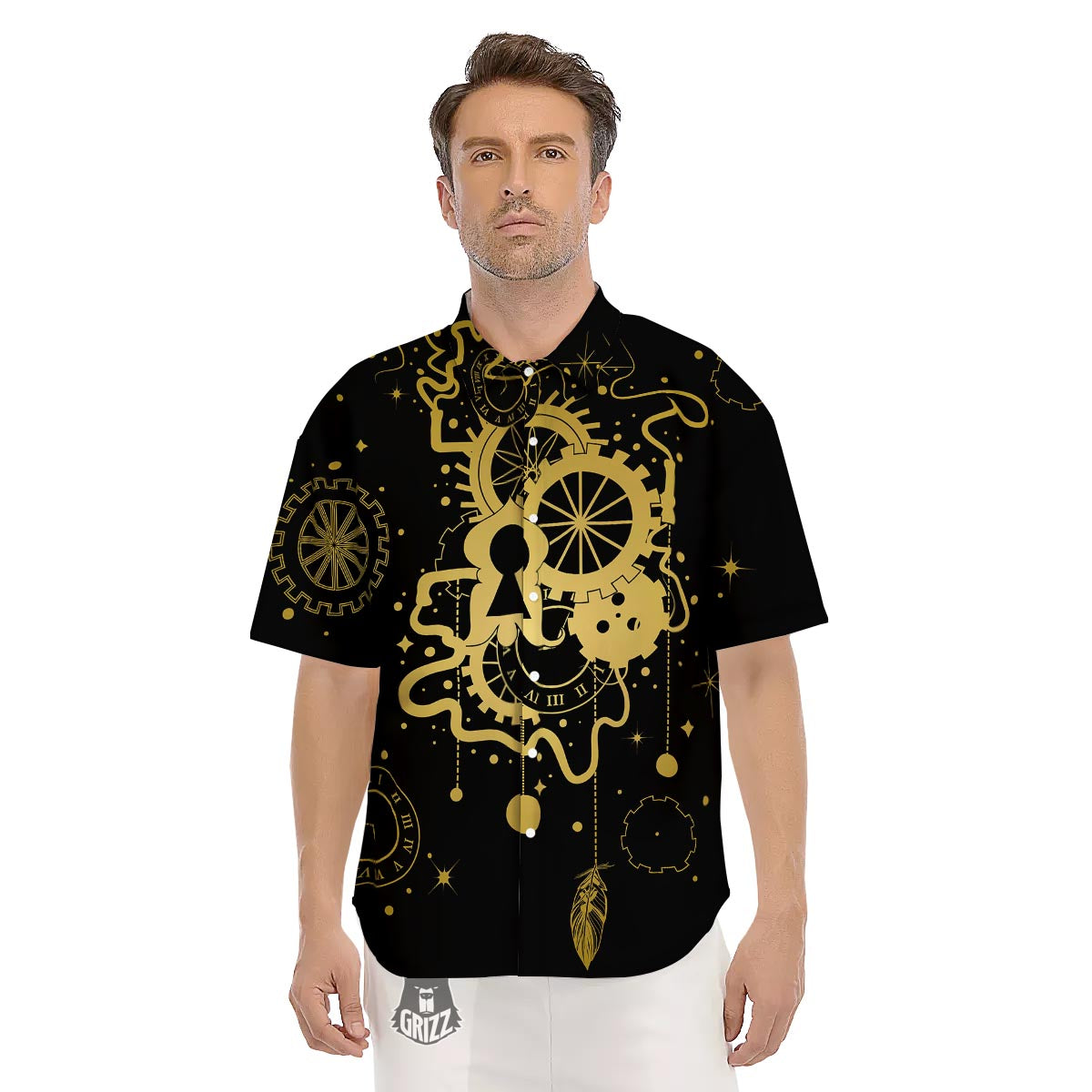 Steampunk Gears Metal Print Men's Short Sleeve Shirts-grizzshop