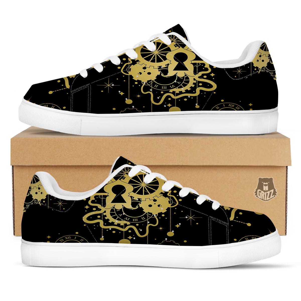 Steampunk Gears Metal Print White Low Top Sneakers-grizzshop