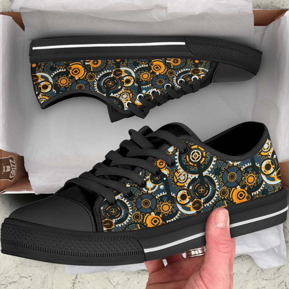 Steampunk Gears Print Pattern Black Low Top Shoes-grizzshop